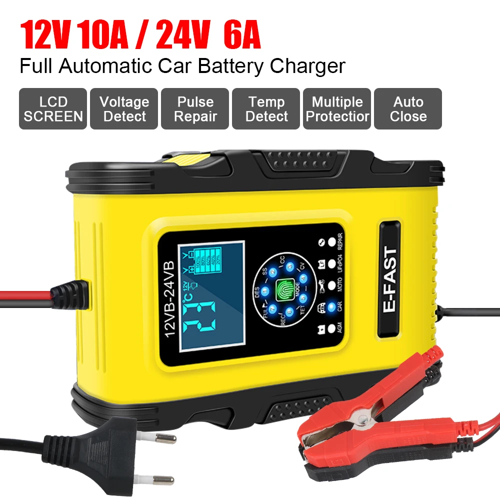 12V 10A / 24V 6A / 12V 2A Car Battery Charger For LiFePo4 Wet Dry Lead Acid AGM Gel Batteries Digital Pulse Repair Smart EU Plug