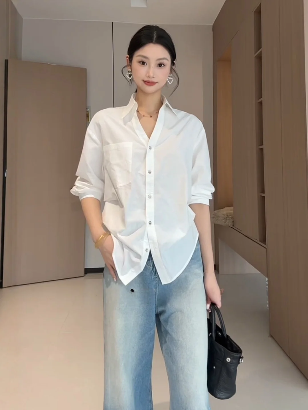

Elegant White Shirt Women's Spring New Style Pleated Waist Slimming Fashion Commute Lady Top Korean Style Long Sleeve Shirt