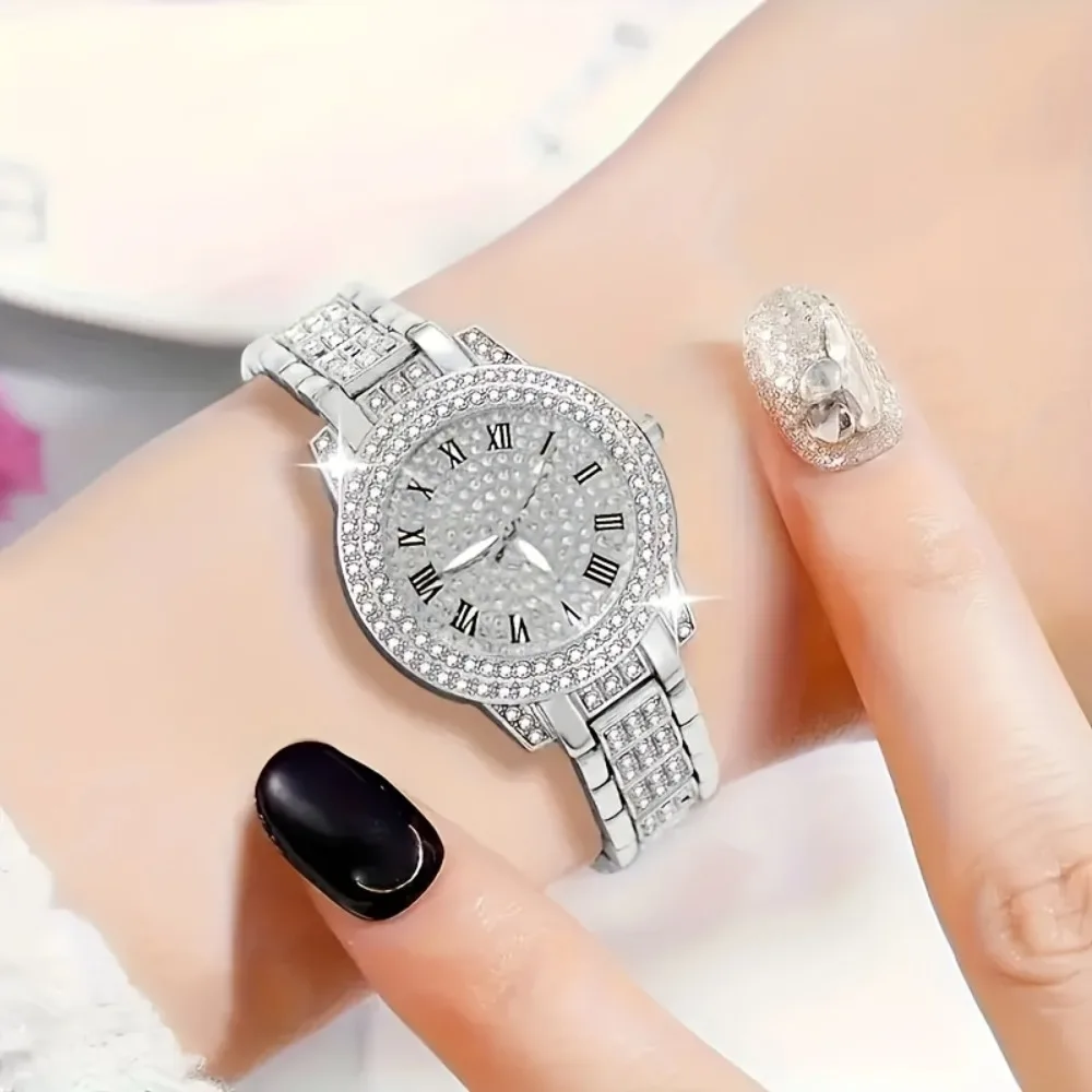 Luxurious Rhine Stone Fashion Quartz Ladies Watch: Elegant 2-piece Set, Equipped With Shockproof Movement, Zinc-golden Strap