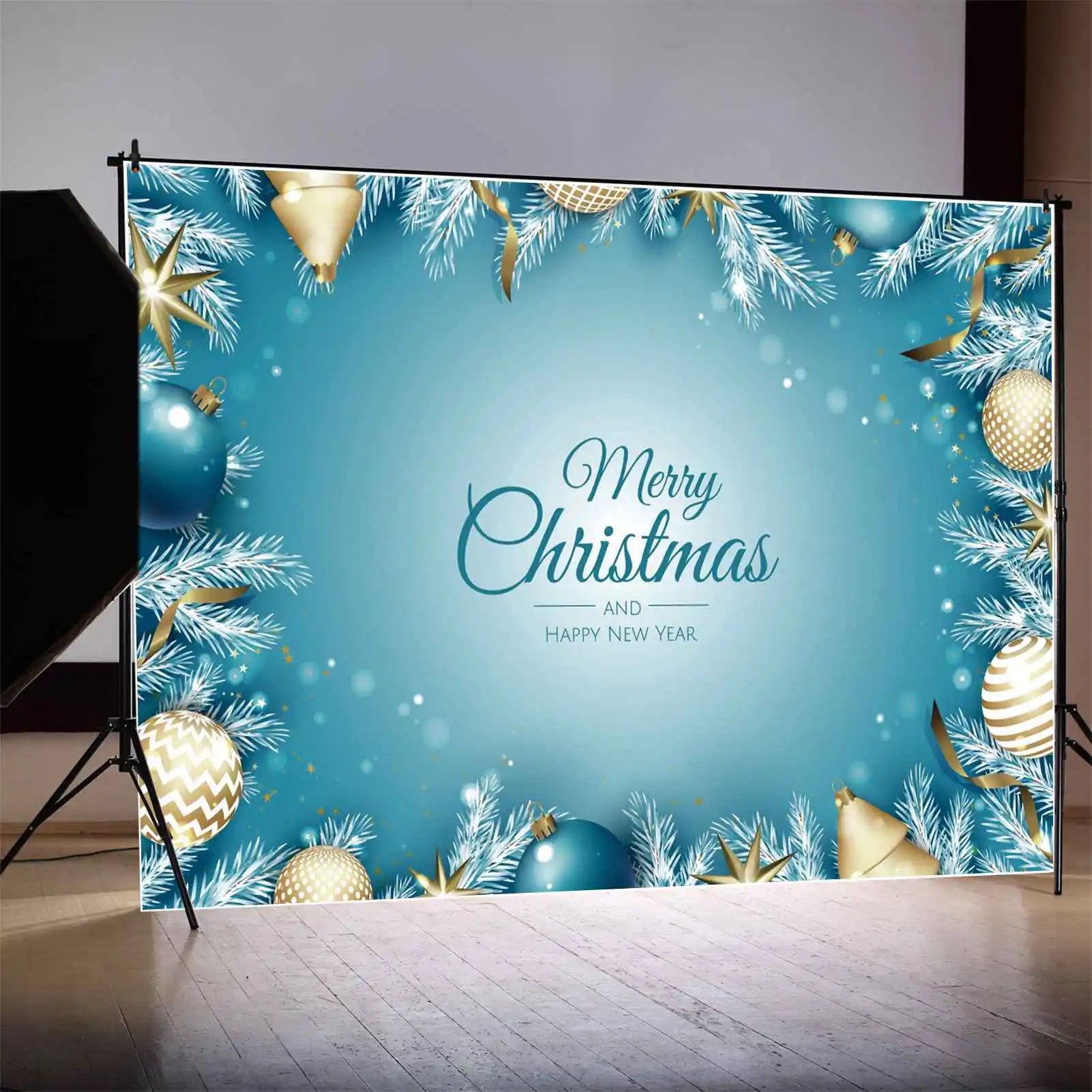 MOON.QG Backdrop Blue Merry Christmas Banner Party Decoration Background Happy New Year Gold Star White Snow Pine Photo Booth