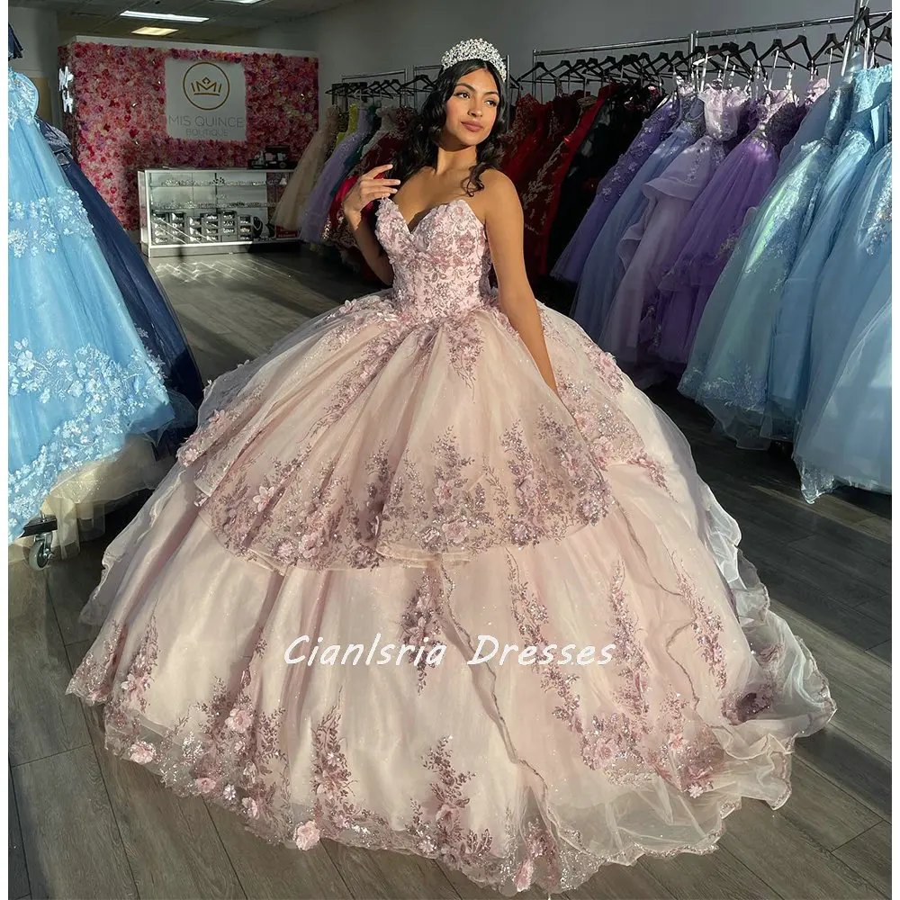 Vestido De quinceañera con apliques De lentejuelas rosas, vestido De baile De quinceañera, escote corazón, sin mangas, corsé De flores 3D, Vestidos De XV Años