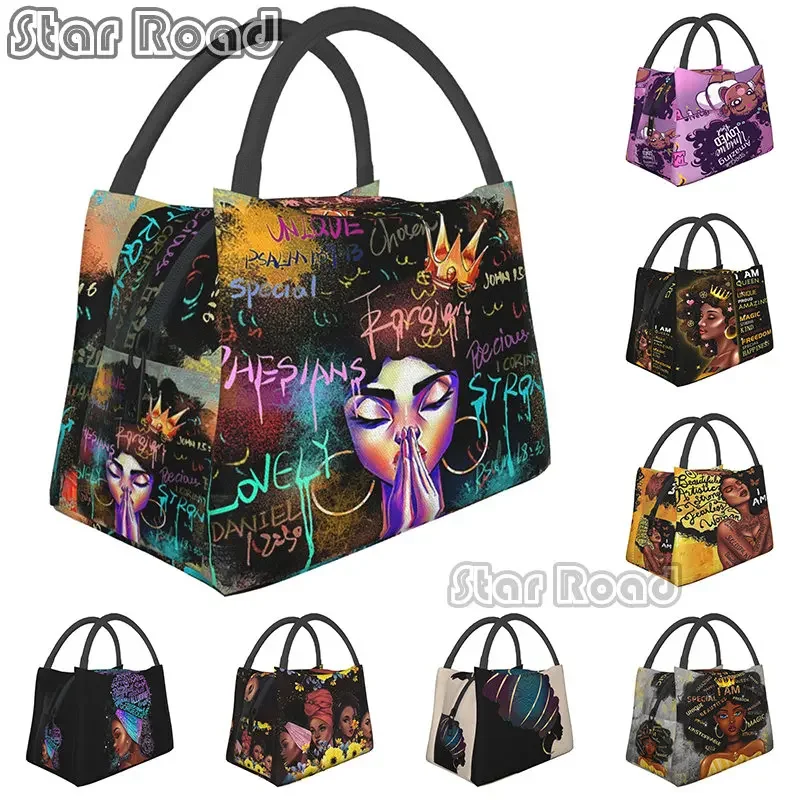 

African American Black Girl Lunch Bag Compact Tote Bag Reusable Lunch Box Container for Women Men School Office Work