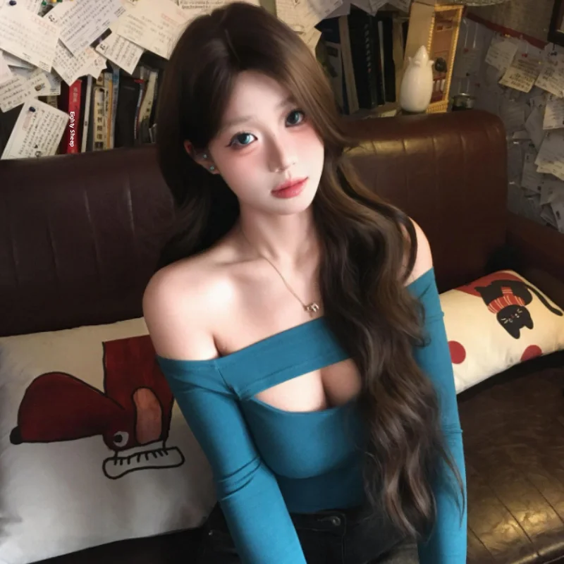 Sexy Hollow out One Shoulder Long Sleeve T Shirt Women's Slimming Top Casual Wear Polyester Fabric Straight Shoulder Sleeve