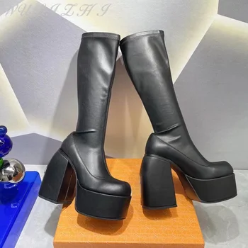 Designer luxury stretch boots women platform chunky high heel knee high boots thick bottom leather sexy slip-on shoes botas