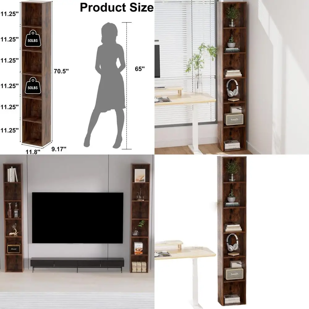 

Tall Narrow Bookshelf 6-Tier Bookcase,70.5" Skinny Thin Corner Shelf Slim Storage Cabinet,Wood DVD CD Media Cube Organizer Tower