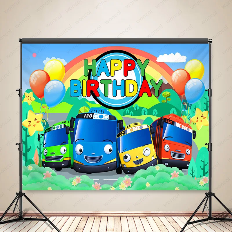 Woncol Tayo Little Bus Photo Backdrop Happy Birthday Baby Shower Photography Background Custom Decor Banner Photo Booth Backdrop