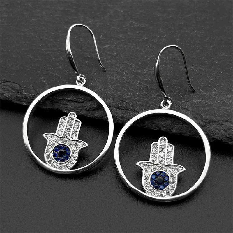 

Luxury 925 Sterling Silver Blue Zircon Round Hamsa Hand Drop Earrings for Women Girl Hand of Fatima Hoop Earrings Jewelry Gift