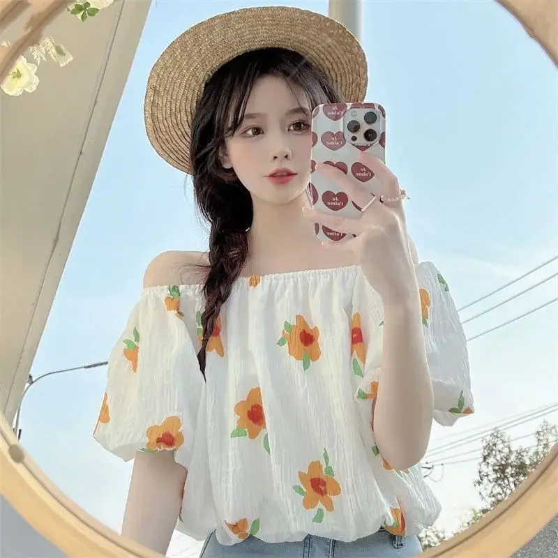 Women Summer Fashion Loose Sweet Cute Floral Slash Neck Short Sleeve Chiffon Shirts Women Clothes Casual All-match Trend Top Tee