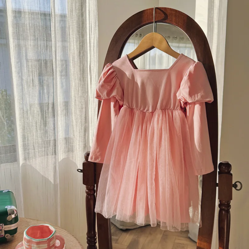 

Korean Style Children's Clothing Puff Sleeve Fake Two-Piece Mesh Girl's Dress Autumn Elegant Children's Dress