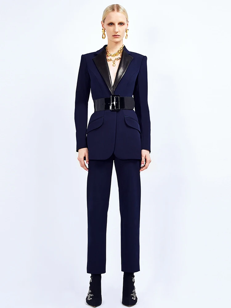 HIGH STREET Newest 2024 S/S Runway Designer Suit Set Women's Leather Collar Belted Blazer Pencil Pants Set 2pcs