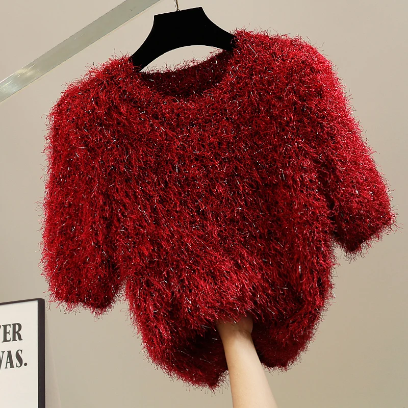 

Модный утолщенный золотистый пушистый свитер с коротким рукавом, молодежный дизайн, трендовый топ, женская вязаная одежда
