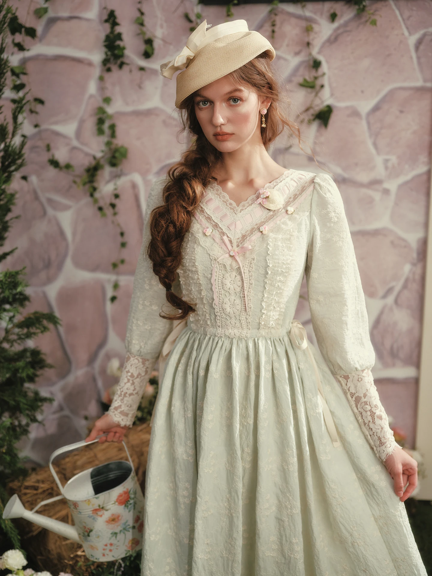 티이하일리 가을 여성 드레스 풀 랜턴 슬리브 롱 맥시 여성용 S-L 빈티지 하이 웨이스트 레이스 V넥 그린 레이스업 자수