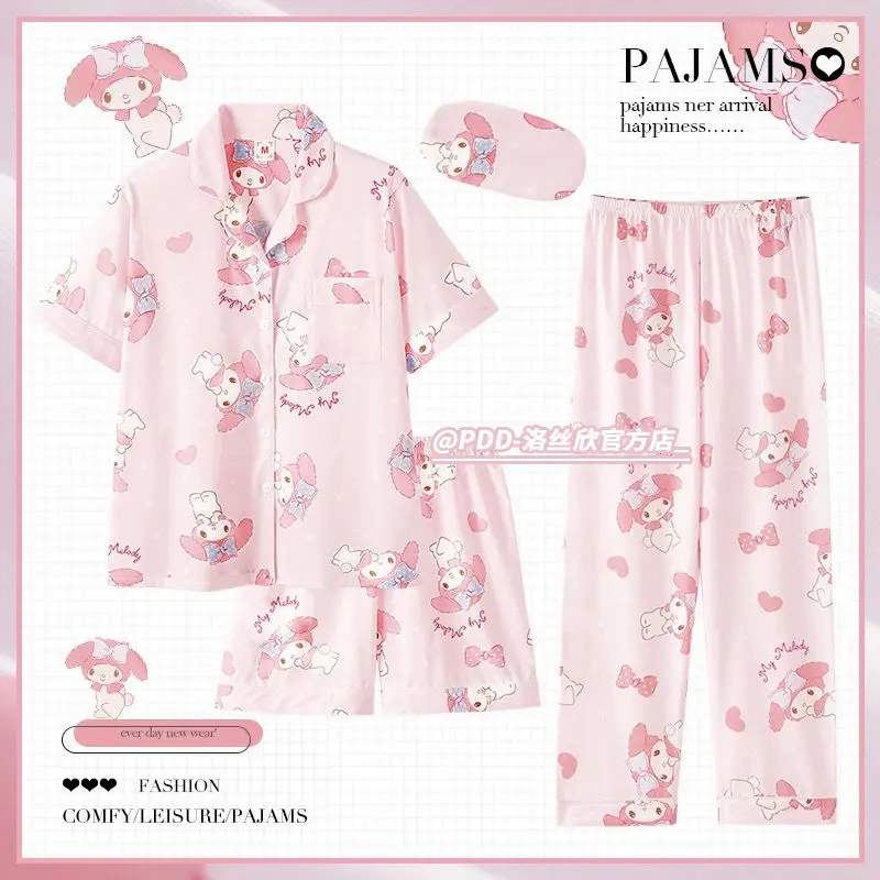 

Y2K 3pcs Kuromi Matching Pajamas for Girls Hello Kitty Pyjamas Set Sanrio Fashion Summer Sleepwear Women Short Sleeve Top Shirts