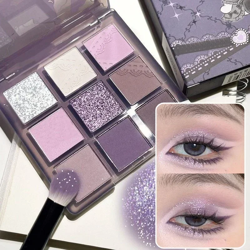 Heallor Smoke Purple Lace Eye Shadow Palette Matte Glitter 9-Color Eyeshadow Long Lasting Shimmer Shiny Eyes Make Up Palette Cos