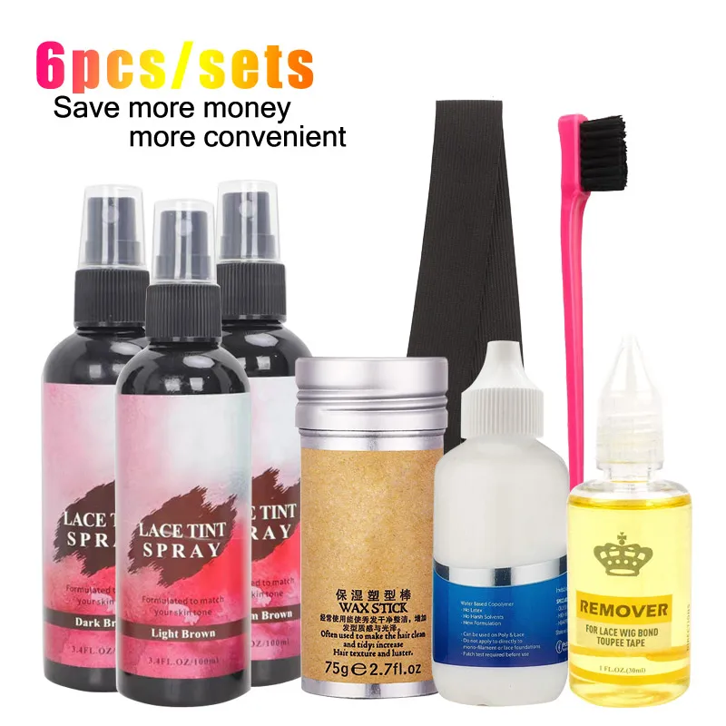 6Pcs/Set 100Ml Lace Tint Spray 38Ml Waterproof Lace Glue 30Ml Glue Remover 75G Hair Wax Stick 3Cm Lace Melt Band And Hair Brush