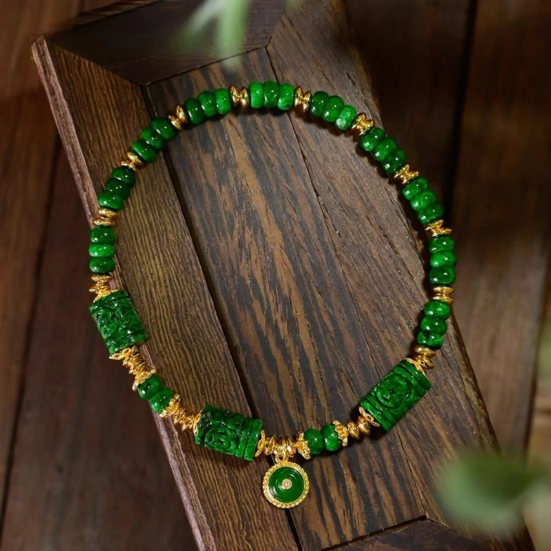 

Серебряный браслет из натурального жадеита S925 класса А, острые зеленые бусины-монеты с резьбой в виде счетов и золотой позолотой, роскошные китайские украшения