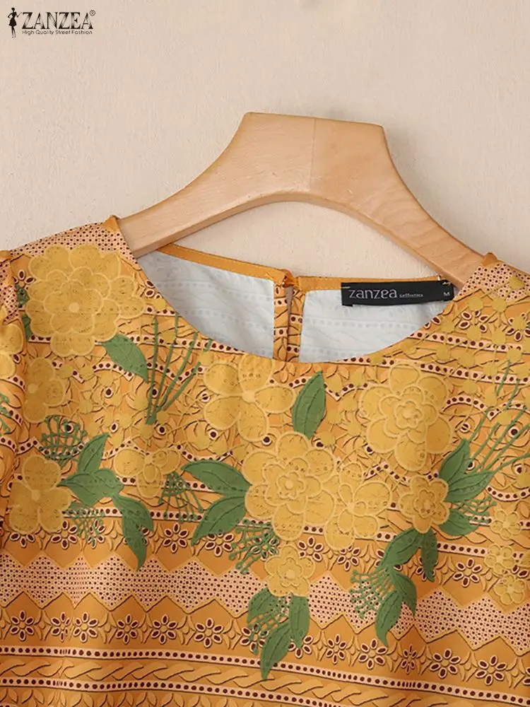 ZANZEA Womens Floral Printing Blouses 2025 Autumn Round Neck Half Sleeve Yellow Blouse Woman Vacation Everyday Casual Wear S-3XL