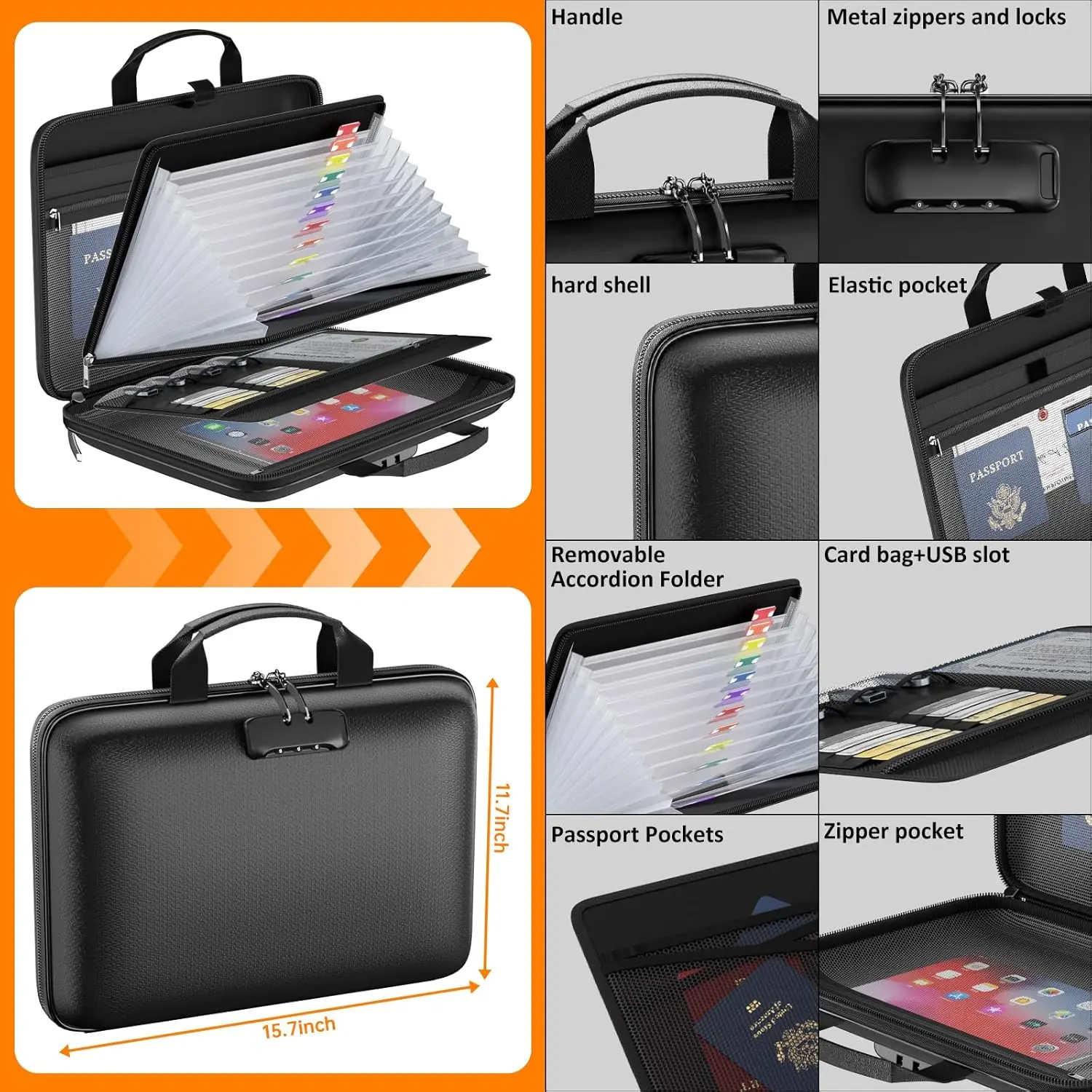Fireproof Document Organizer with Lock, Hard-Shell Case for A4 Files and Laptops, Waterproof Accordion Folder