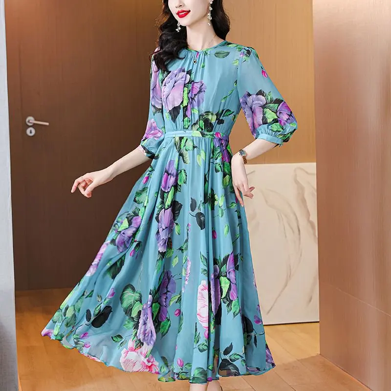 

2025 Summer Luxury Silk Floral Casual Midi Dress Women's Vintage Elegant Evening Prom Dress Spring Holiday Boho Hepburn Vestidos