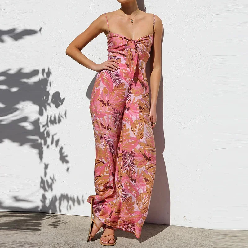 LIBIELIY Sexy Off Shoulder Tie-up Suspender Jumpsuit Women Elegant Pattern Print Wide Leg Long Romper Fashion Hight Waist Pocke