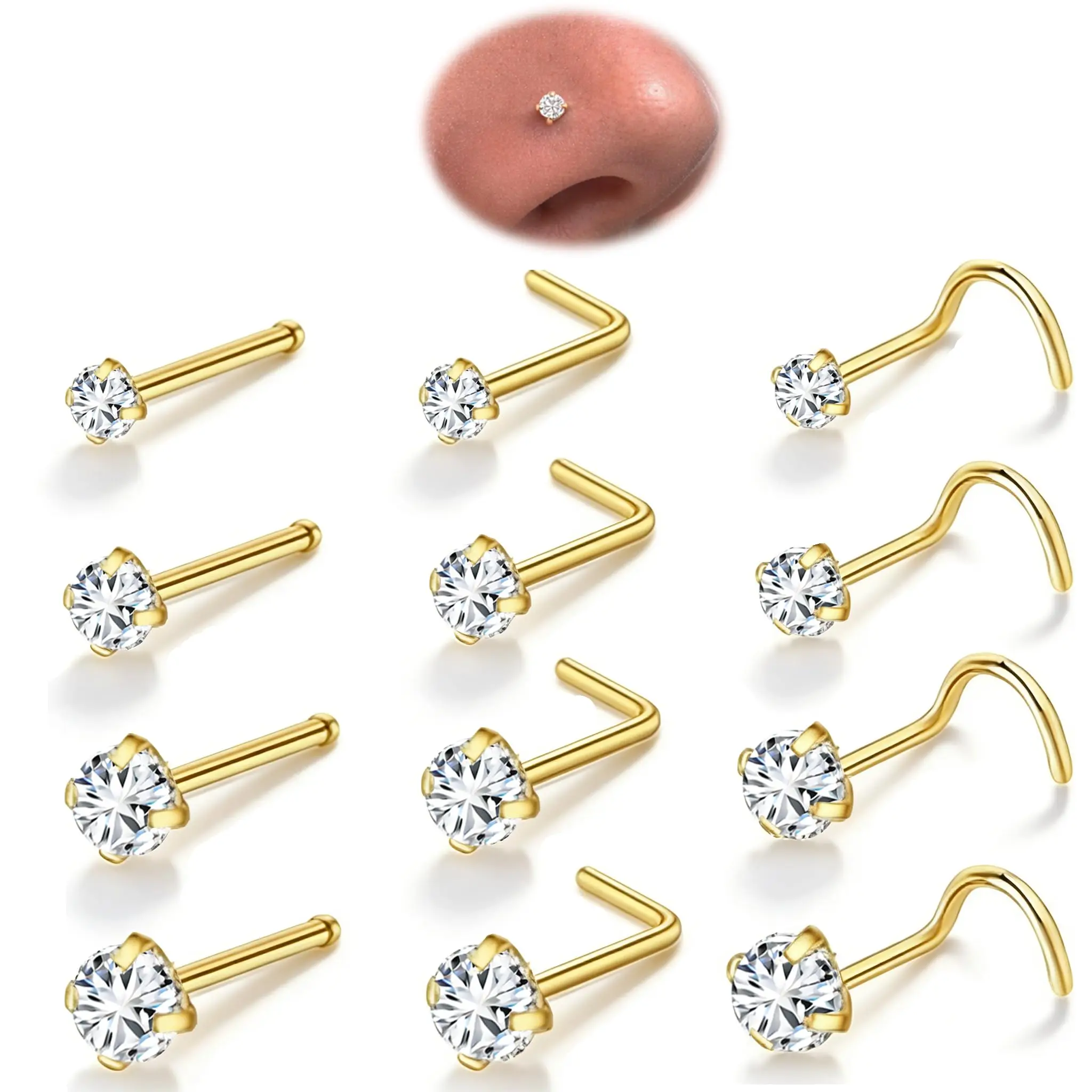 6/10/12pcs Set 20G L Shape Nose Stud 7mm Bar 3mm CZ Stainless Steel for Nostril Piercing Jewelry Daily Wear Work Sleep Women Men