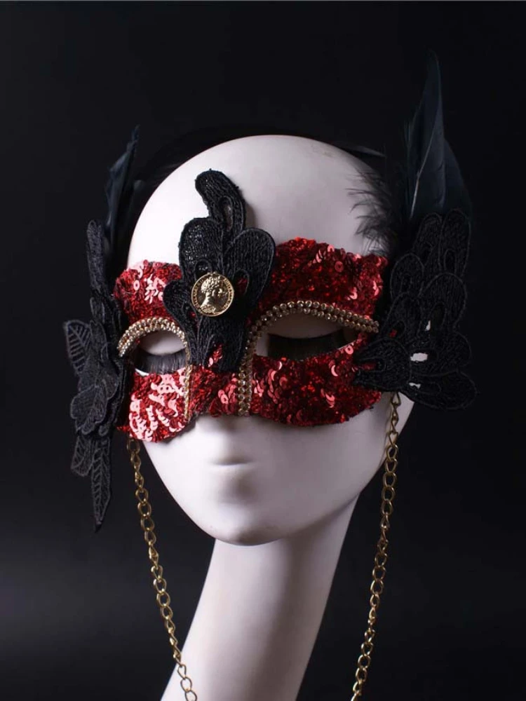 

Mask Men's and Women's Same Style Red Feather Sequins Decoration Suitable for Banquet Party Ball Halloween Annual Meeting Props