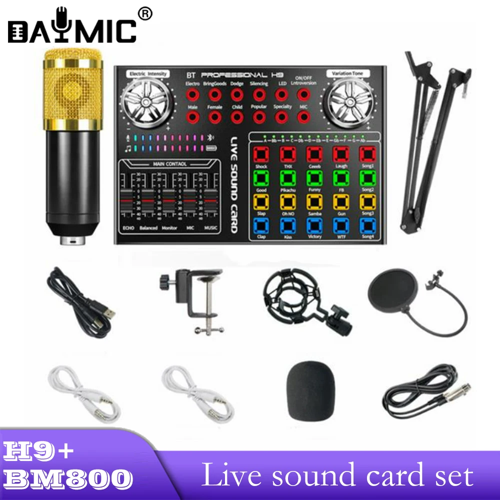 

H9 Sound Card Mixer BM800 Microphone Arm Stand Kit For Home Studio Broadcast Singing Recording