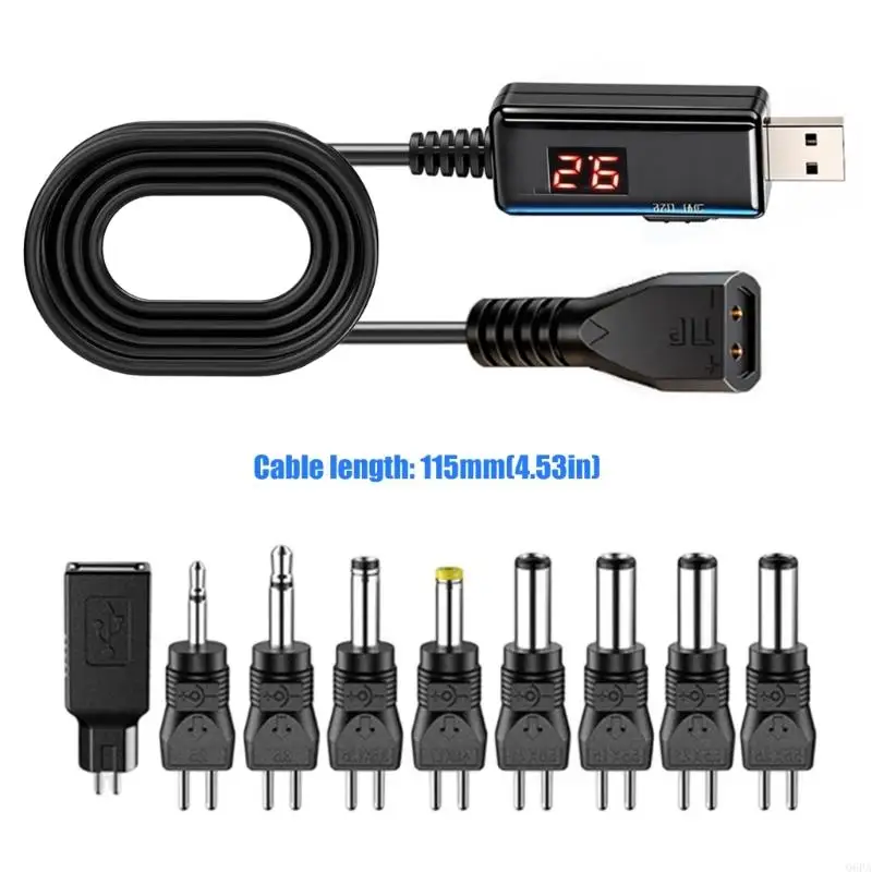 Q6PA Adjustable USB Converter Cable, 5V USB-A Input to Selectable 9V or 12V Output with Its Integrated Digital Display