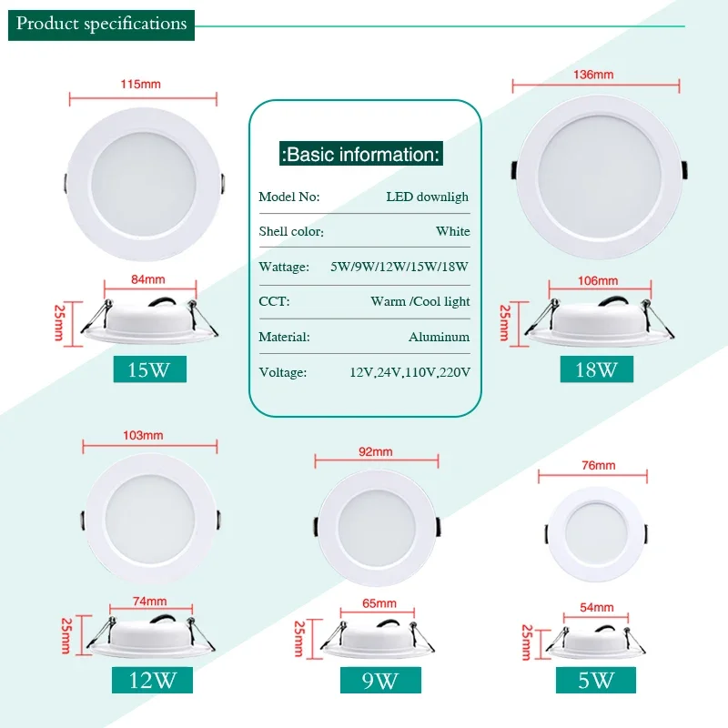 10pcs/lot LED Downlight 5W 9W 12W 15W 18W Recessed Spotlight Ceiling Lamp AC110V 220V DC12V 24V Indoor Lighting Warm Cold White