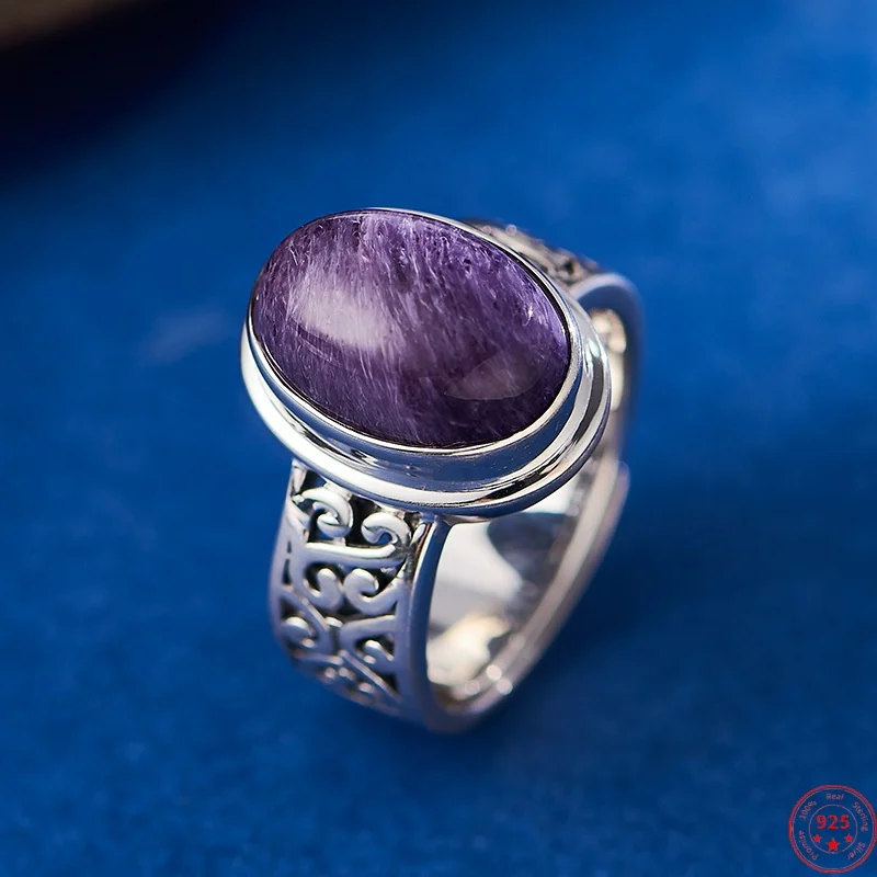 

Кольца из стерлингового серебра S925 для женщин и мужчин, ретро полые кольца из вечного ротанга с инкрустацией из чароита, модные модные ювелирные изделия, оптовая продажа