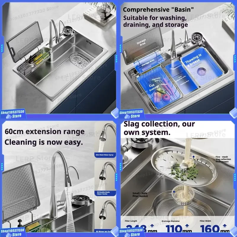 Large Single Bowl Kitchen Sink Modern Nano Silver Stainless Steel 3 Hole Thickened Scratch Resistant Basin for Home Hotel Use
