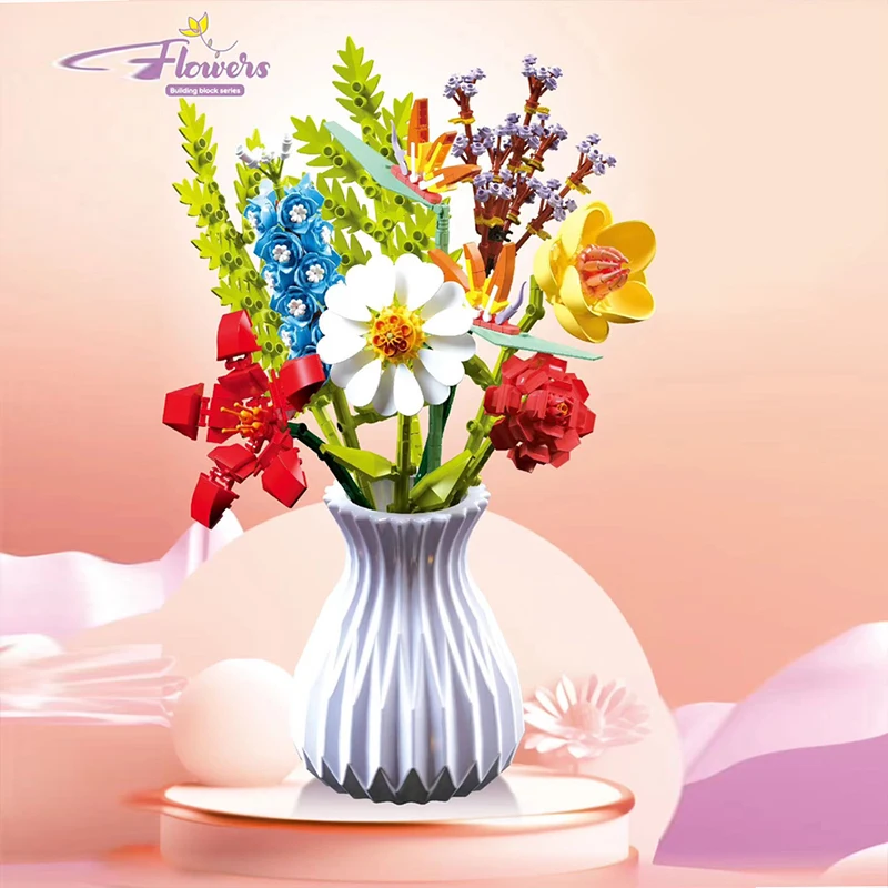 Flower Bouquet Building blocks Eternal Flower Rose Sunflower Plant Model Bricks Set With Vase Dispaly DIY Toys For Kids Gifts