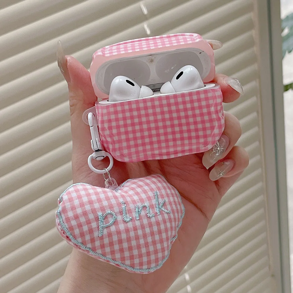 Custodia per cuffie con ciondolo a forma di cuore d'amore per Airpods Pro Semplice modello a reticolo rosa blu Accessori per auricolari Fonda per AirPods 1 2 3