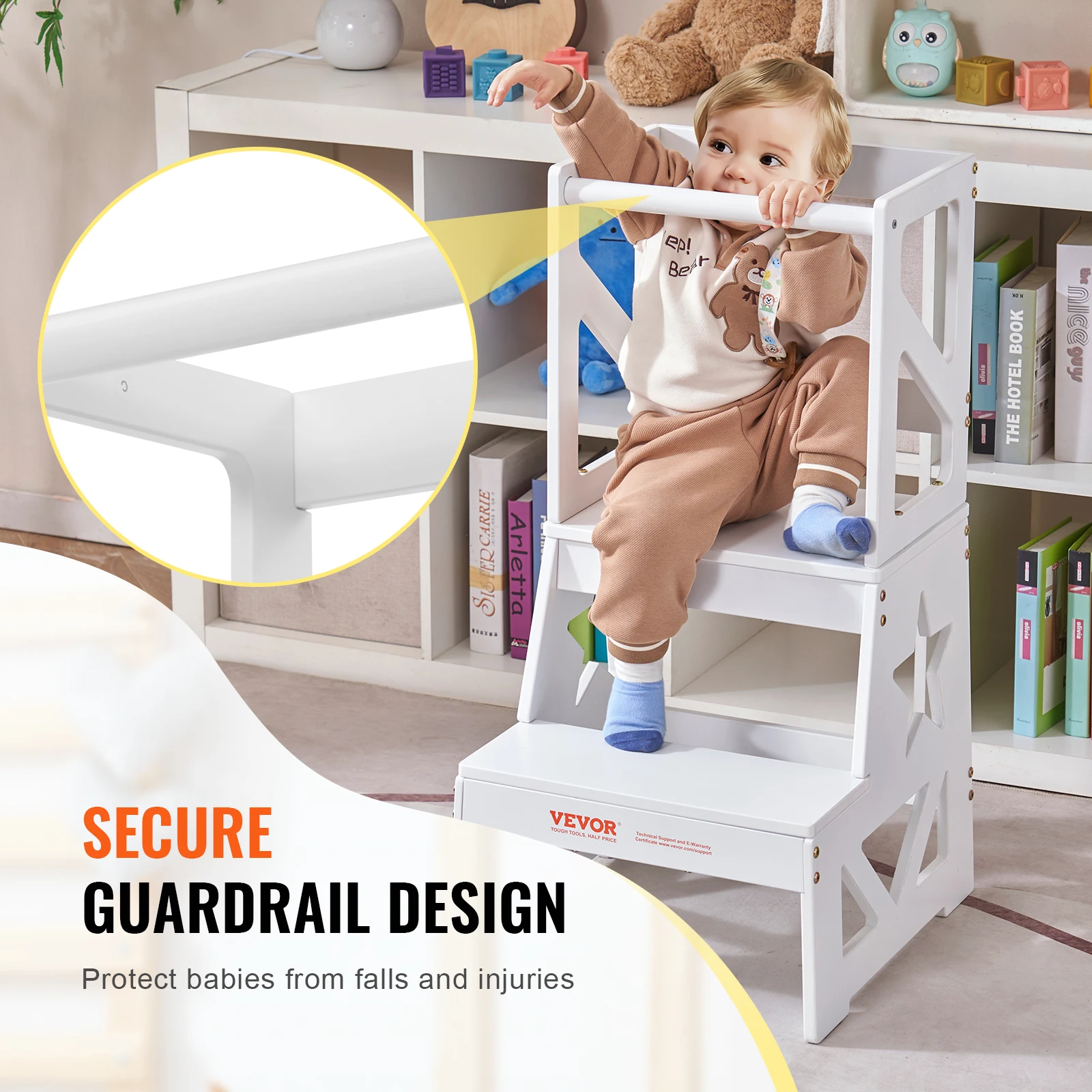 Imagem -05 - Vevor-toddler Natural Pine Wood Step Stool Ajudante para Quarto Banheiro Balcão da Cozinha Branco Madeira Cinza