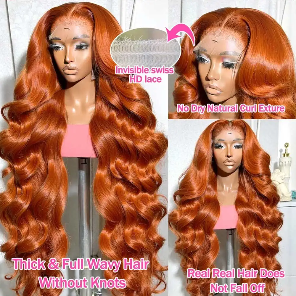 30 34 Inch Body Wave Human Hair Wigs 13x4 HD Lace Frontal Human Hair Wigs Ginger Orange Wet And Wavy Lace Front Wigs For Women image 3