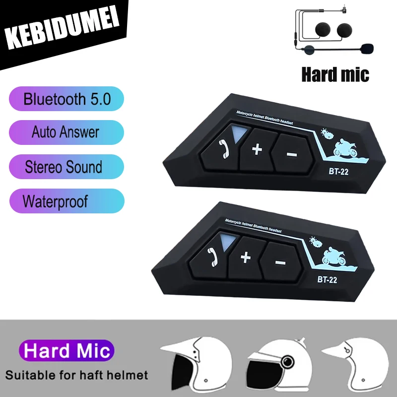 KEBIDUMEI BT22 Bluetooth Motorcycle Helmet Headset Voice Control Headphone Wireless Handsfree Earphone Speaker With Hard Mic