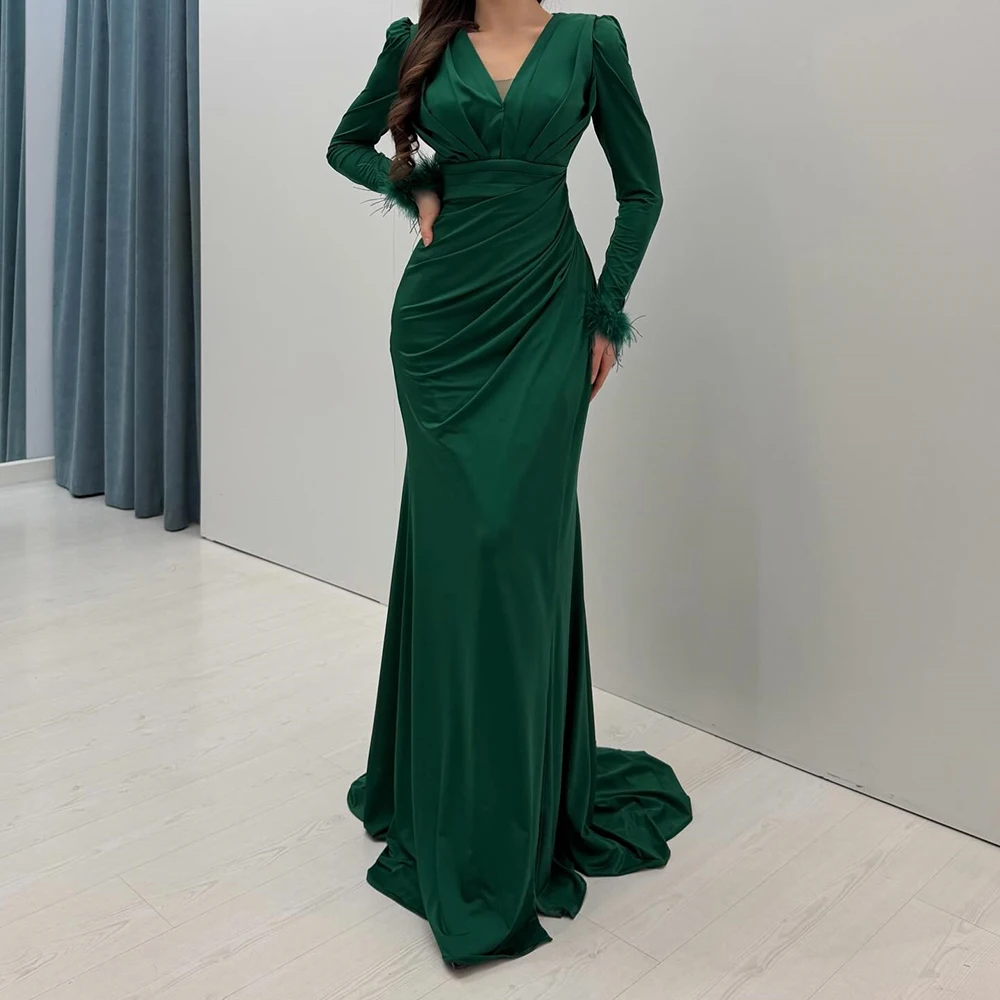 

Mermaid Women's Evening Dresses Floor-length V-neck Full Sleeve Prom Gown Fashion Feathers Pleat Simple Draped Customized Gowns
