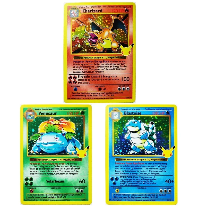 3 Stück Pokemon 25Th Anniversary Collection Cards PTCG Charizard Blastoise Flash Cards Game Anime Rare Collection Cards Geschenkspielzeug