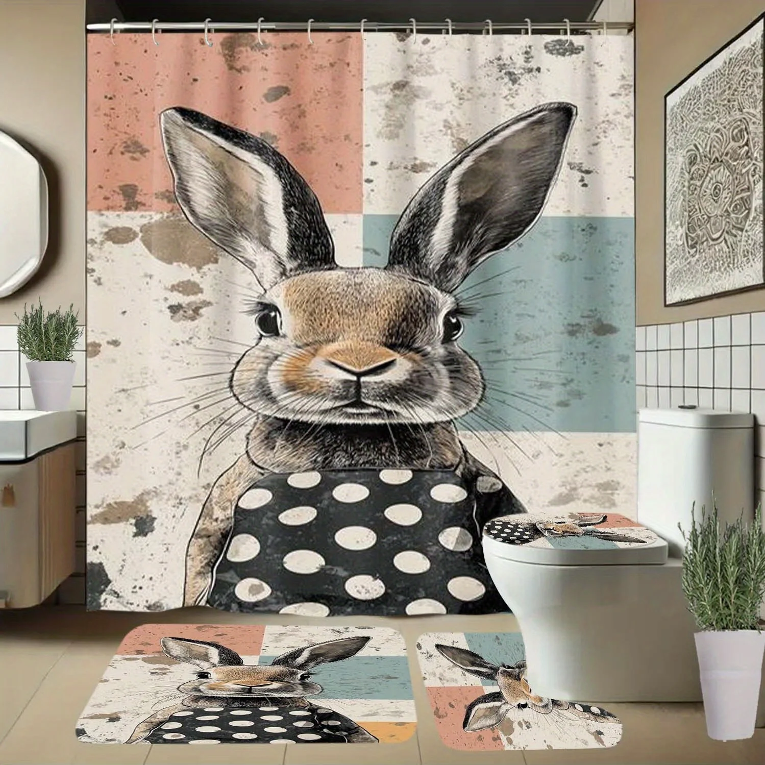 

4pcs Rabbit, Polka Dot Bathroom Curtain with Hooks, Shower Curtain, Bathroom Accessory, Home Decor, All-Season Elegant Home