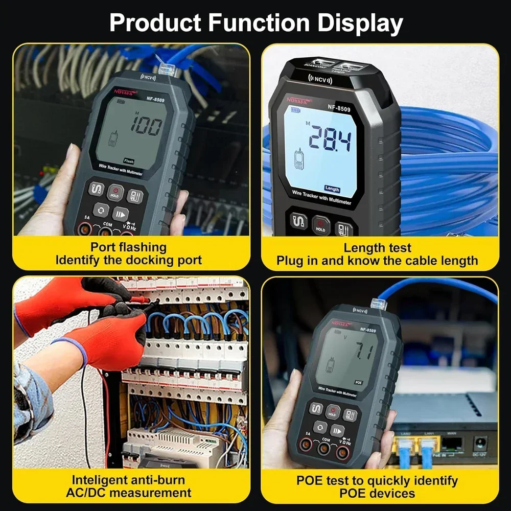 Zhouce nf 8509 nova atualização testador de cabo de rede para multímetro resistência de tensão de corrente poe teste ncv ac dc lcd fio tracke