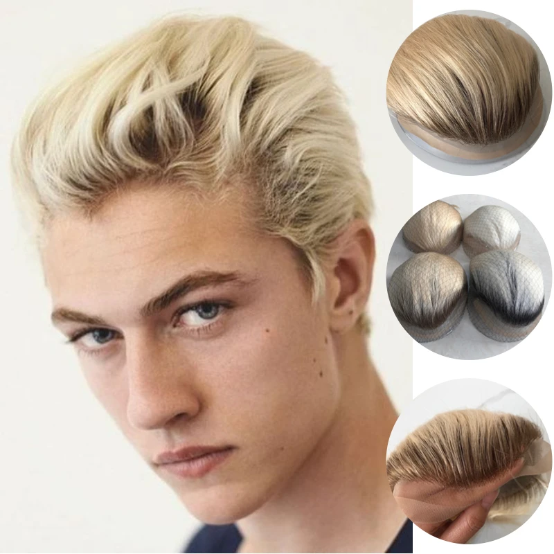 Human Hair Toupee For Men Thin Skin PU 8*10 Straight Hair Mens Wigs T4/613 Blonde Hair Replacement For Men Human Hair System