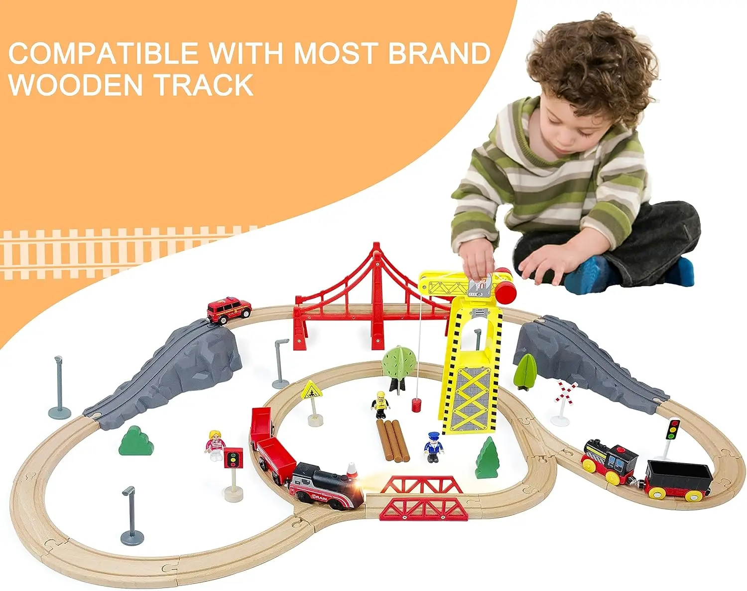 قطار بمحرك للمسار الخشبي مجموعة ألعاب القطار المكونة من 3 قطع، قطار يعمل بالبطارية متوافق مع توماس والأصدقاء، بريو وشوجينجتون