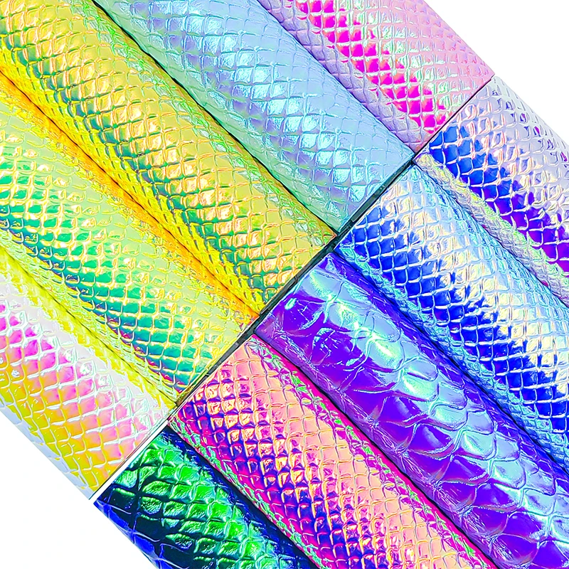 10 pcs A4 Holographic Snake Embossing PU Faux Leather Sheets, for Making DIY Crafts,Handbags Leather Earrings 20X30CM