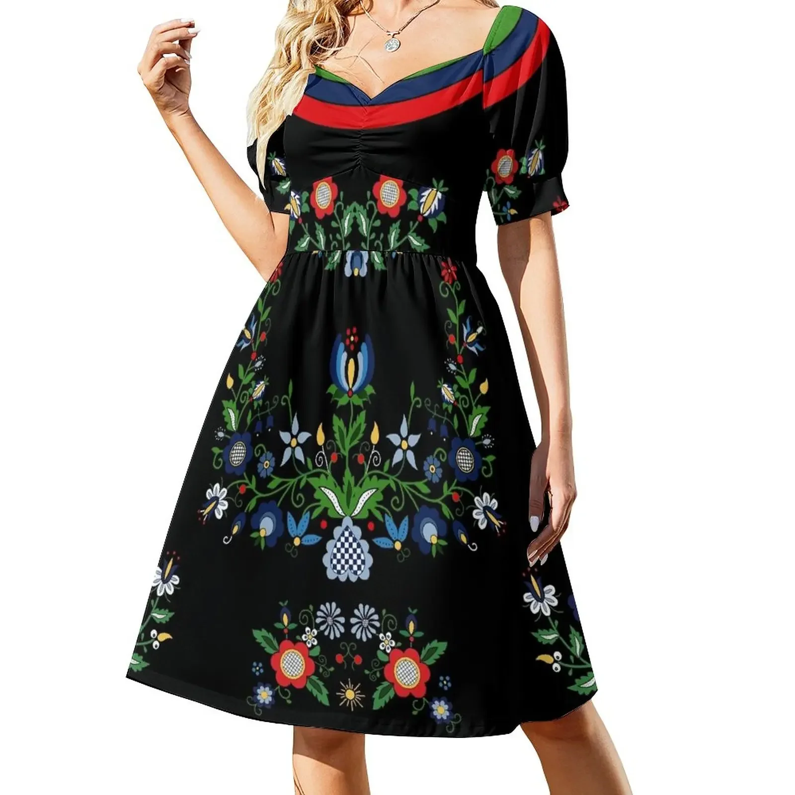 

Folk - Kashubian folk - composition on black BG Short-Sleeved Dress summer dresses for women 2025 Prom gown