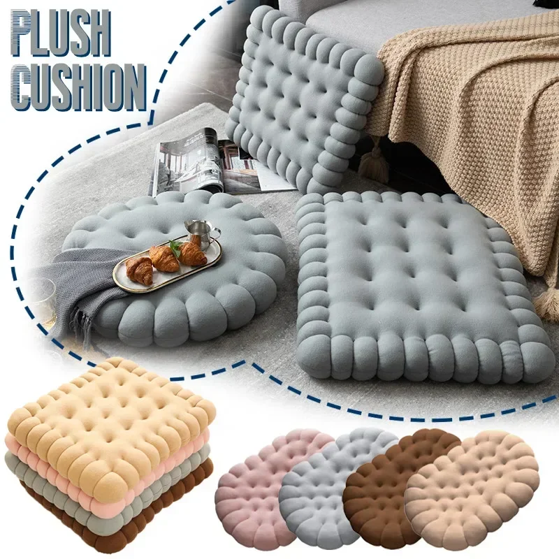 Simulation Cookie Plush Cushion Round Square Biscuit Soft Thicken Seat Cushion Short Plush Floor Mat Bay Window Pad Home