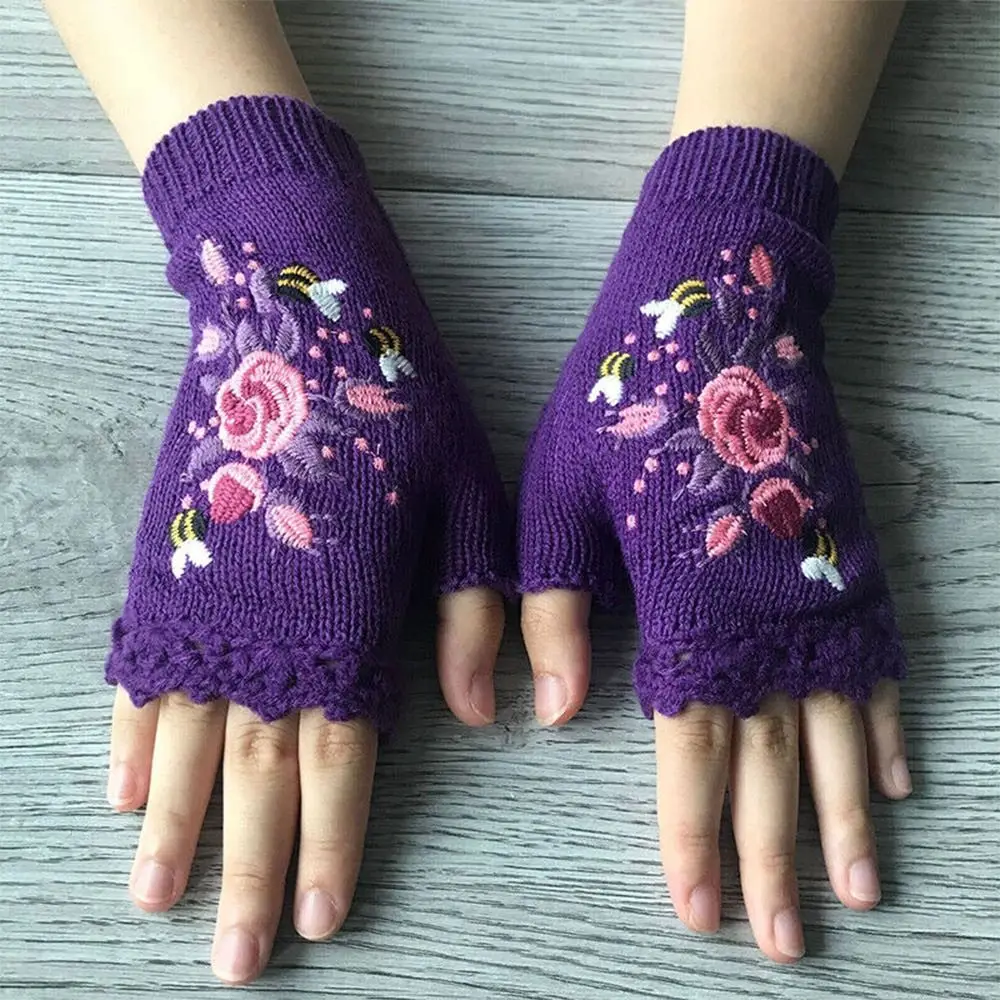 Flower Knitted Fingerless Gloves Wrist Length Mittens Embroidered Flower Mittens Half Finger Gloves Keep Warm