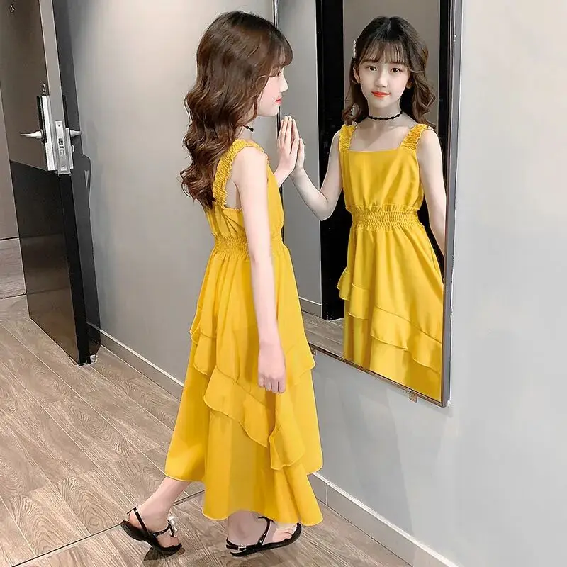 

Teenage girl dress 2025 summer outfit new children's chiffon princess dress