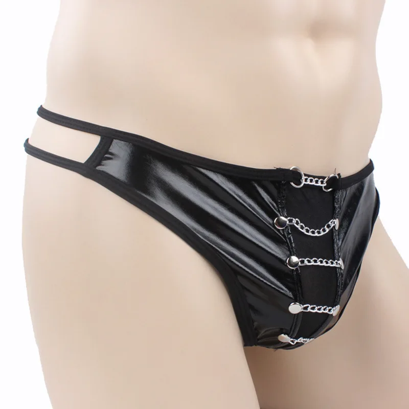 Tanga ahuecado con cadena de Metal para hombre y mujer, suspensorio con bolsa para bulto, calzoncillos de charol, parte trasera en T, ropa interior para pareja