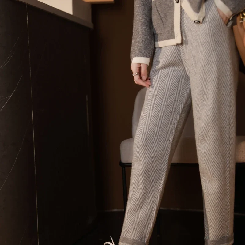 Dames visgraat wijde pijpen broek Koreaanse losse rechte wollen draperen dikke kasjmier casual broek voor herfst en winter