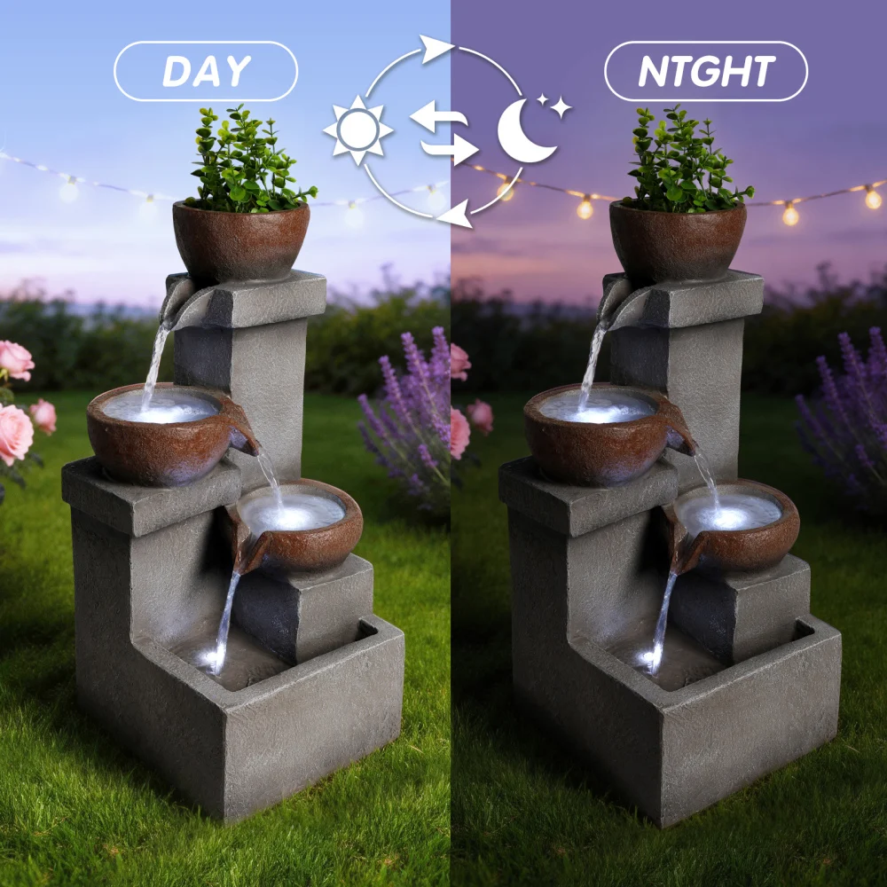 Outdoor Water Fountain Tiered Cascading Jar Waterfall Resin Garden Patio Decor with LED Lights view 2
